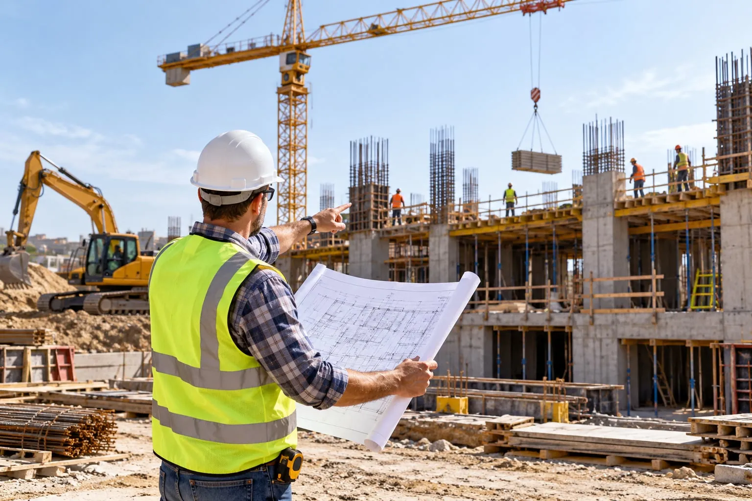 Site manager with plans in front of a building under construction