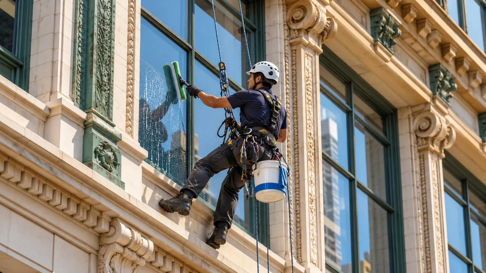 Rope-access worker cleaning windows on a heritage building